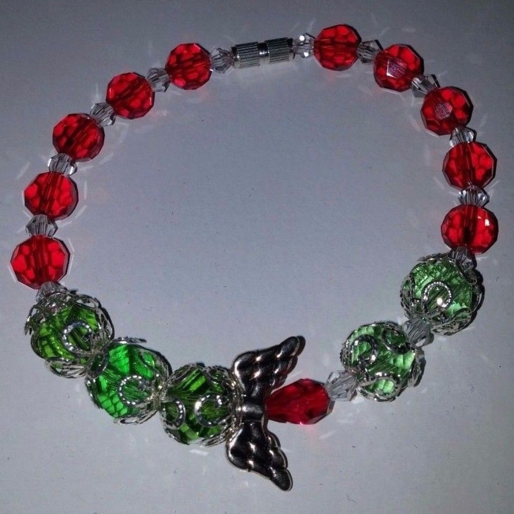 Hand Crafted Red Green Angel Charm Bracelet